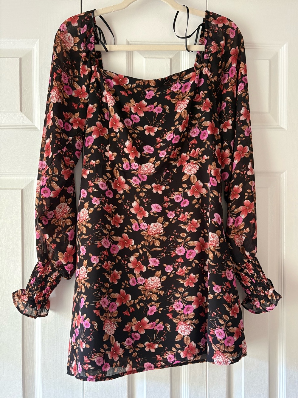 Forever 21 Black Long-Sleeve Dress with Pink Floral Print Medium